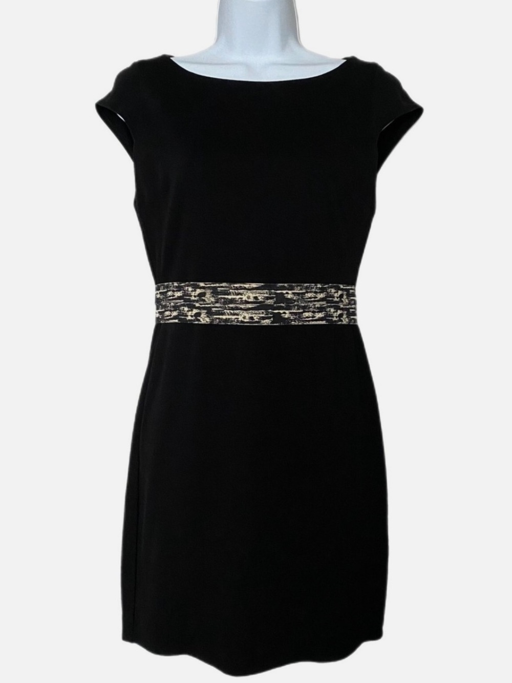 Alice + Olivia bodycon little black dress with cream and black graphic waist